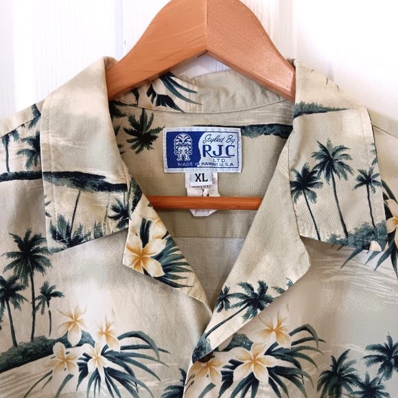 Vintage RJC Men's Pale Yellow Diamond Head View Hibiscus Hawaiian Shirt Size XL - Picture 5 of 14